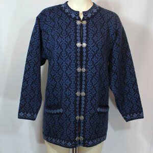 Nordstrikk Norway  Virgin Wool knit Blue Ski pattern woman cardigan size Small/M